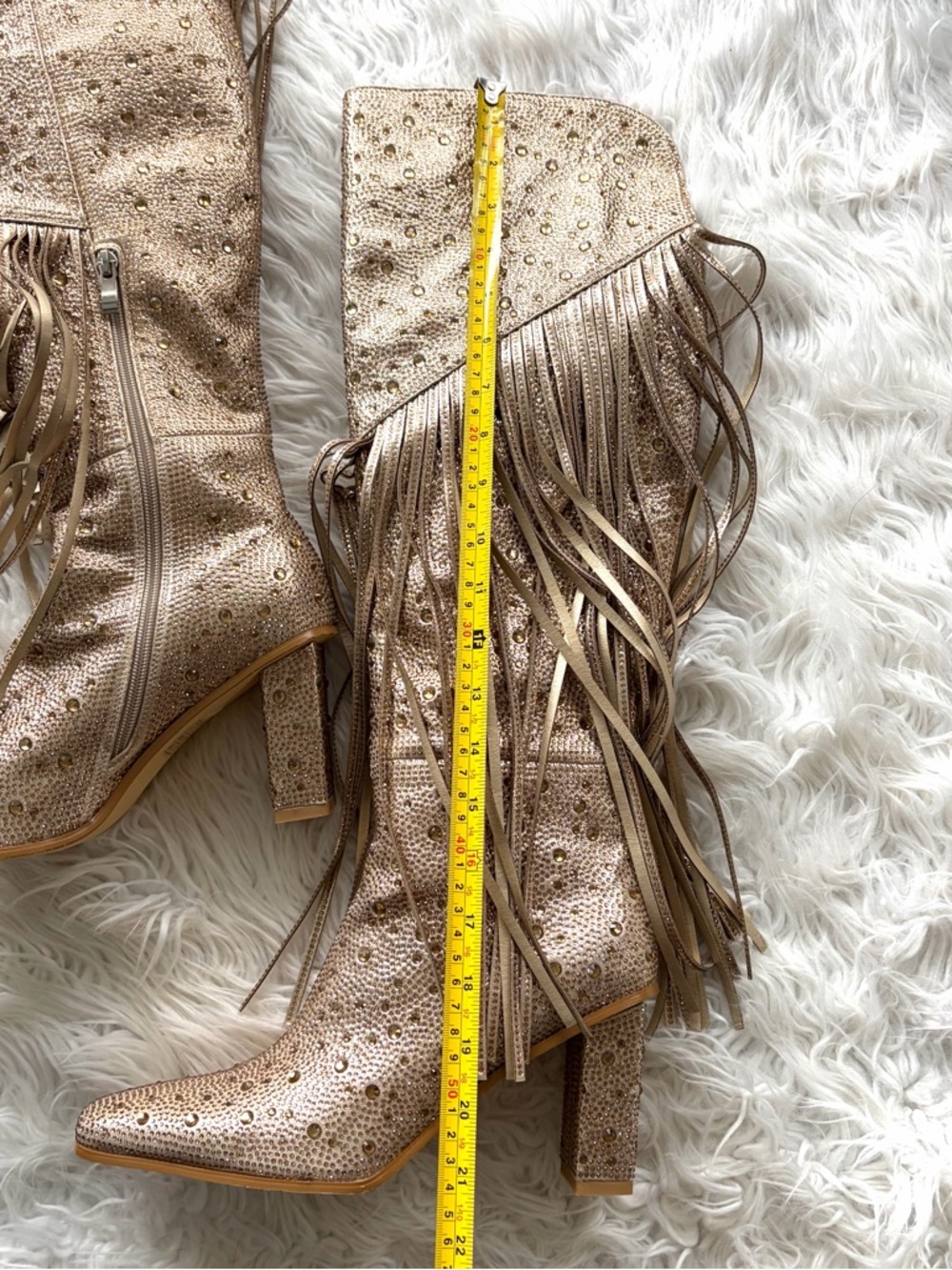 Gold Rhinestone Fringe Knee-High Heeled Boots Size 9 - Picture 9 of 9